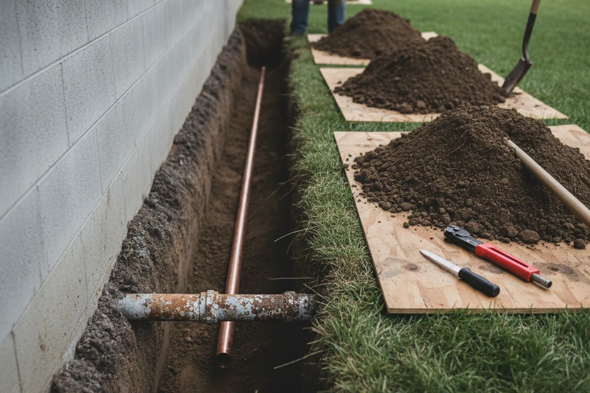 Excavated water line trench during Sewer Line Repair in New Windsor